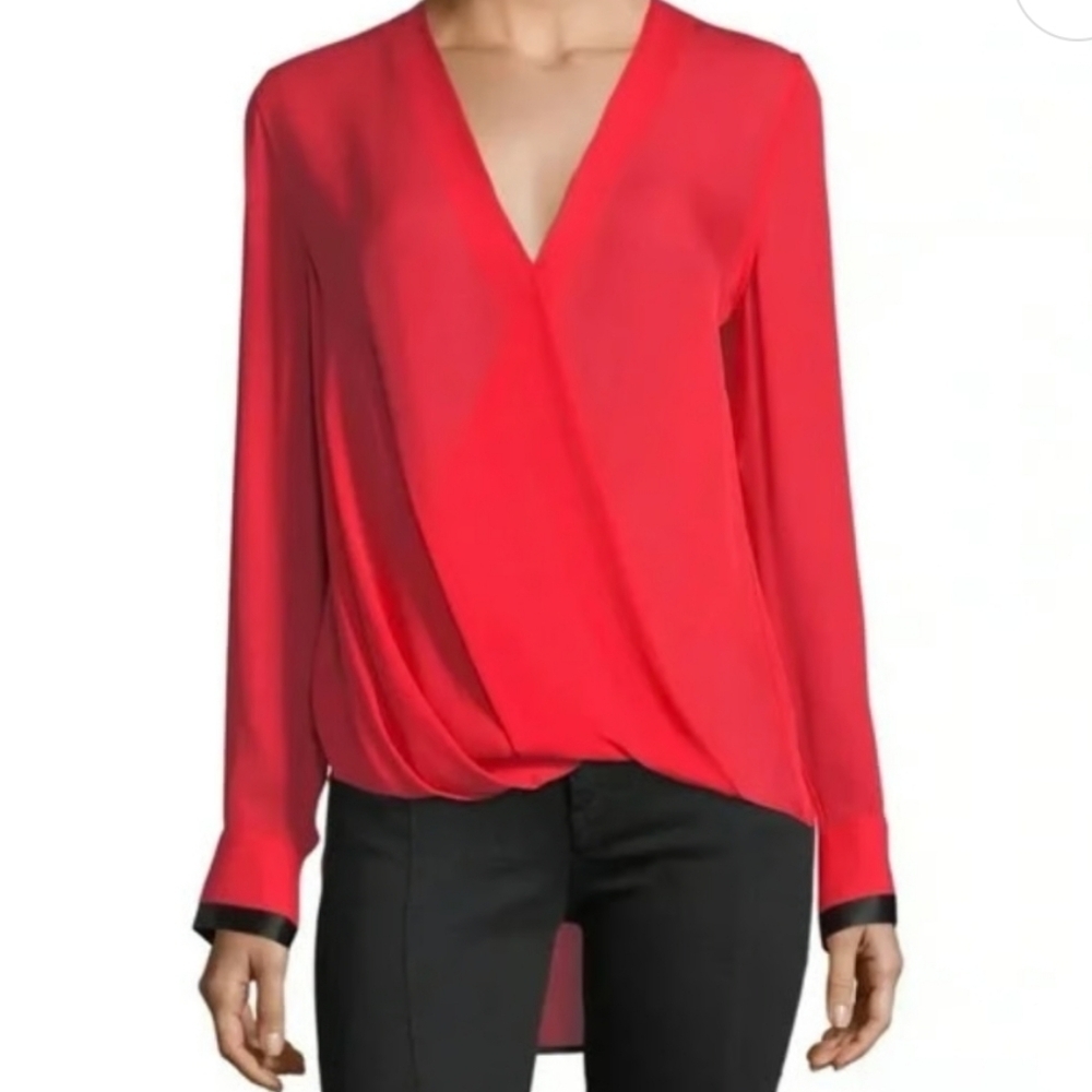 RAG & BONE Red Silk Wrap Blouse Hi Lo Hem Long Sleeve Large